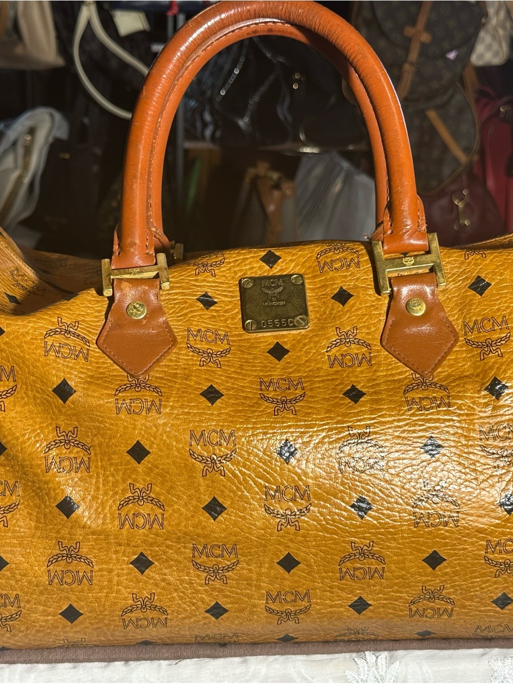 MCM Cognac Monogram Visetos Satchel with Tan Leather Handles